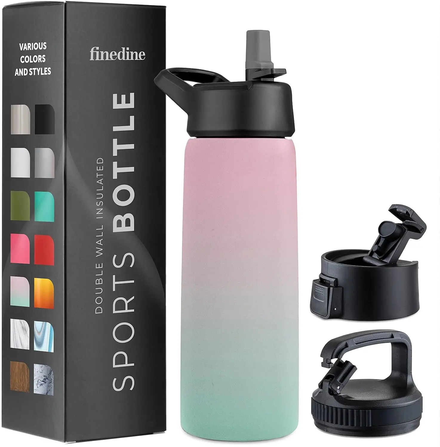 FineDine Triple Walled, Insulated Water Bottles with Straw 25 Oz Stainless Steel Metal Bottle W/ 3 Leak Proof Lids