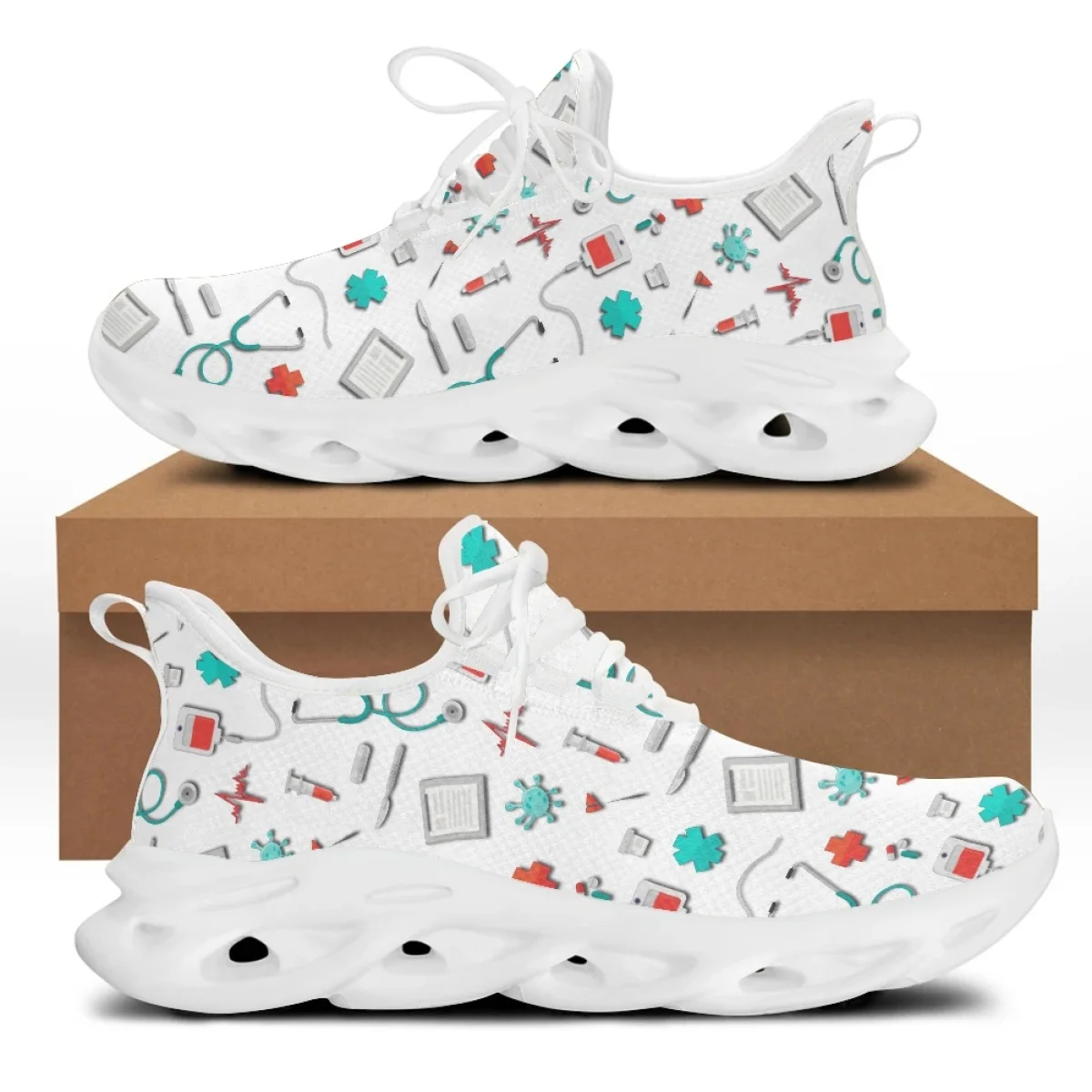 CYWGIFT Wholesale Women Jogging Shoes White Nursing Shoes Cute Cartoon Nurse Doctor Medical Print Light Lace-up Flats Leisure