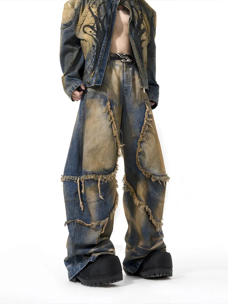 MWJLPWQ American-Style Distressed Vintage Wide-Leg Jeans For Men Spring Autumn Niched Heavy-Duty Design Denim Trousers 21480