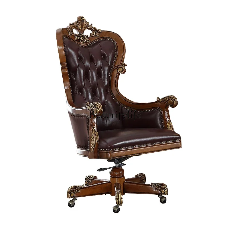 

LD33American and European Style Genuine Leather Executive Chair Office Home High-Grade Solid Wood Backrest Swivel Chair