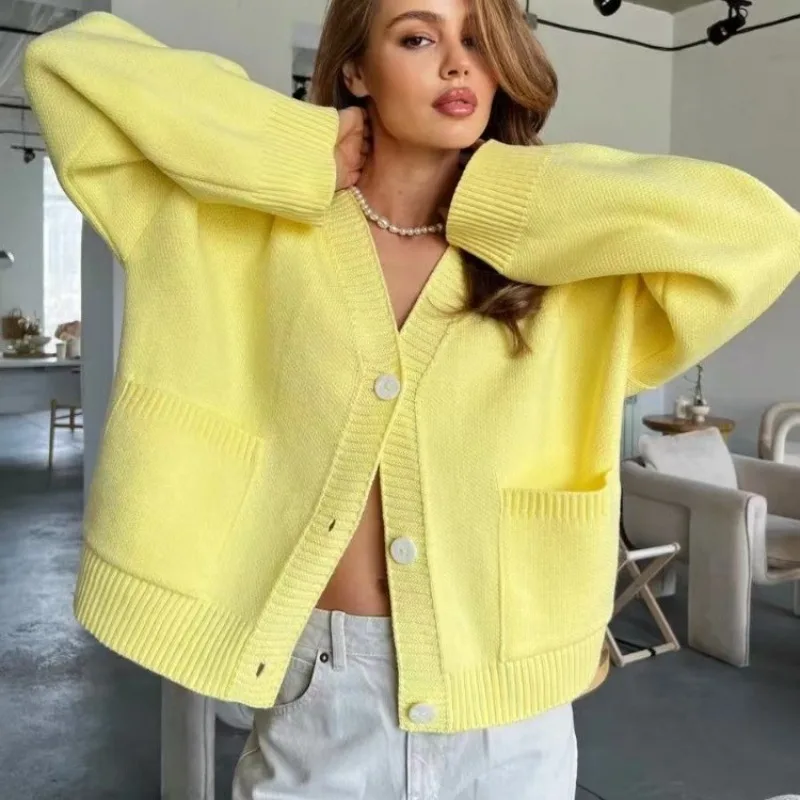 

Autumn Loose Leisure Solid Women Sweaters Cardigan Knitted V Neck Full Sleeve Streetwear Elegant Knit Casual Women Coat