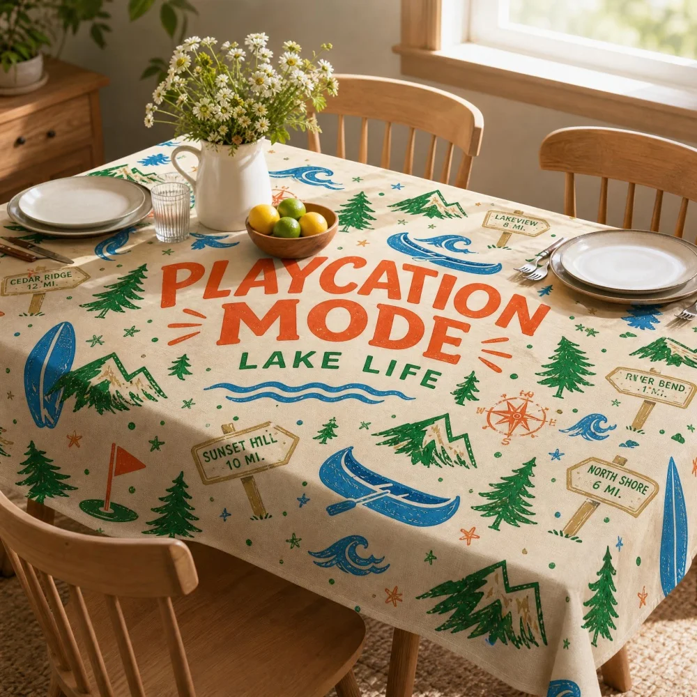 Outdoor Camping Mountain Surfboard Print Non-Waterproof Tablecloth Wrinkle Resistant Rectangular Lake Dining Table Cover