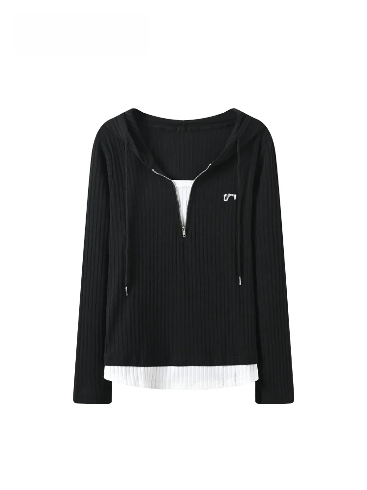 Top de punto de talla grande para mujer, manga larga, con cierre de cremallera y nudo, informal, mezcla de algodón y poliéster, moda primavera-otoño