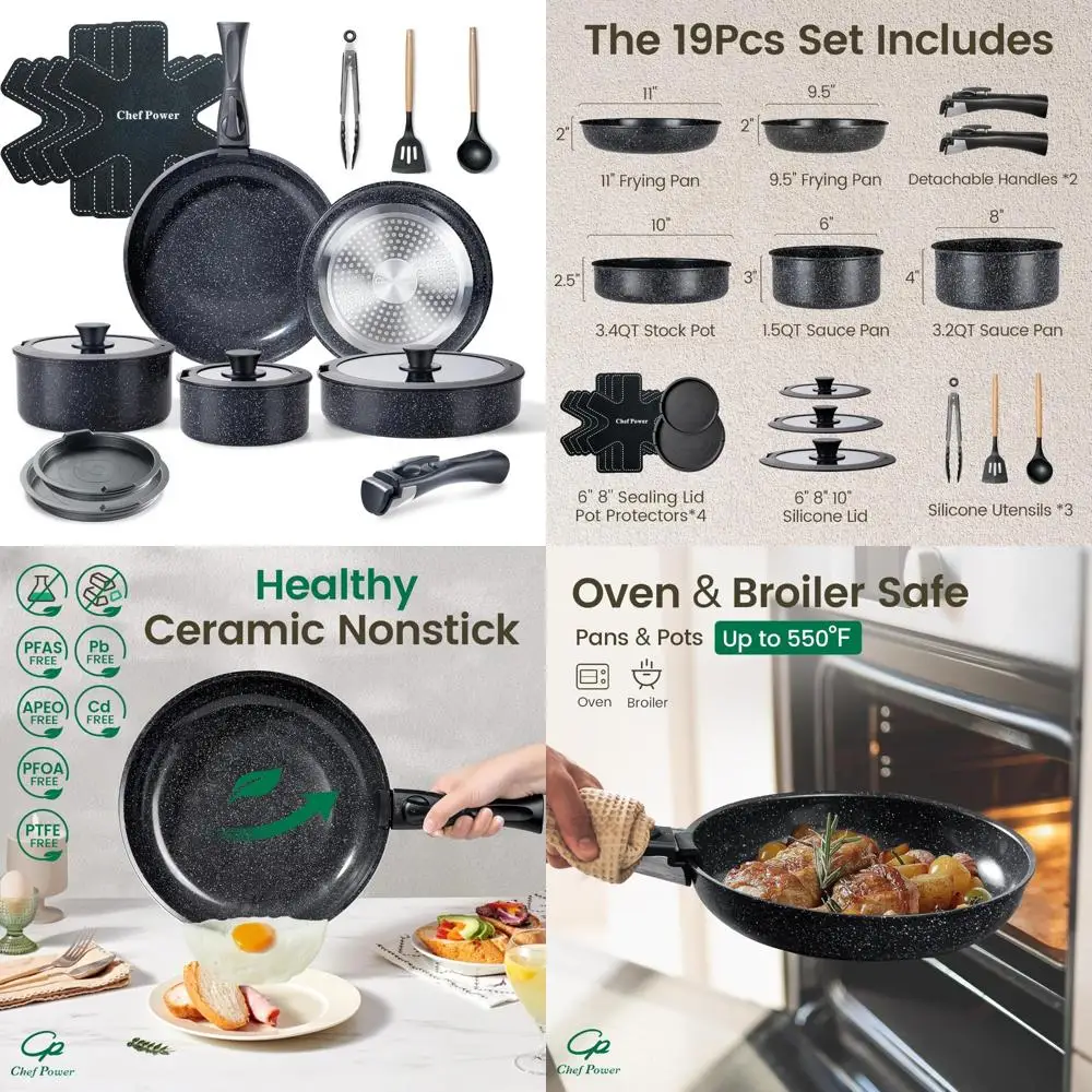 

19-Piece Chef Power Ceramic Nonstick Cookware Set with Detachable Handles, Induction Compatible, Dishwasher and Oven Safe for RV