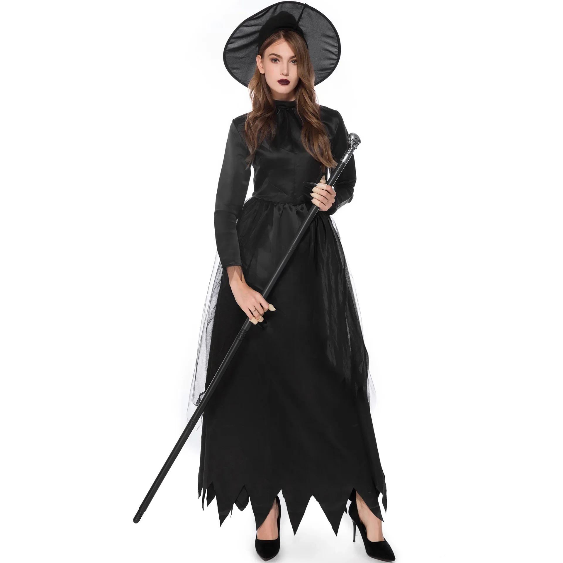 

Halloween Black Gothic Witch Costume for Adult Women Purim Cos Party Cosplay Wizards Fancy Dress