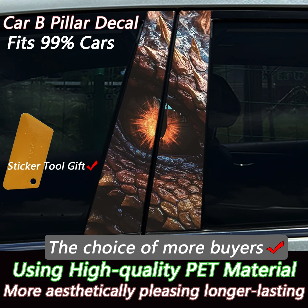 2PCS Fiery Dragon Eye Car B Pillar Stickers, 2Pcs 3D Lizard Scales Vinyl Decals, Waterproof Car Door Decor For Universal Cars
