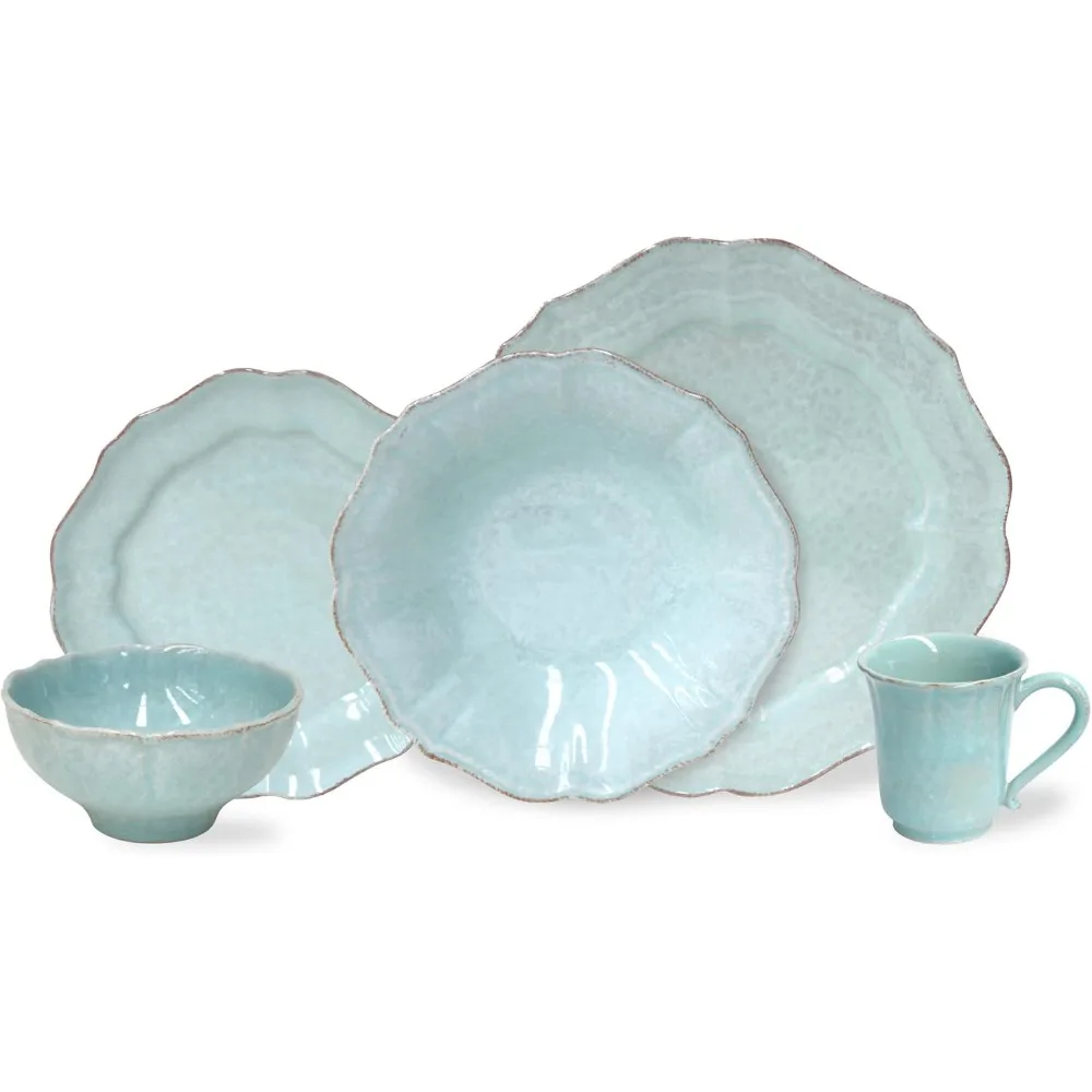 

Ceramic Stoneware 5-Piece Place Setting Service for 1 - Impressions Collection, Robin's Egg Blue | Microwave & Dishwasher Safe