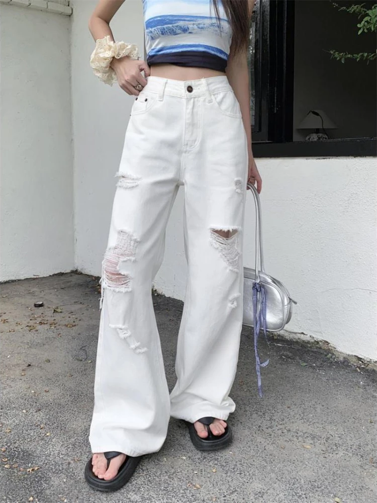 ADAgirl Basic White Ripped Jeans Women Jeans High Waisted Cowboy Pants Oversized Streetwear Denim Trousers Y2k Hip Hop Clothes