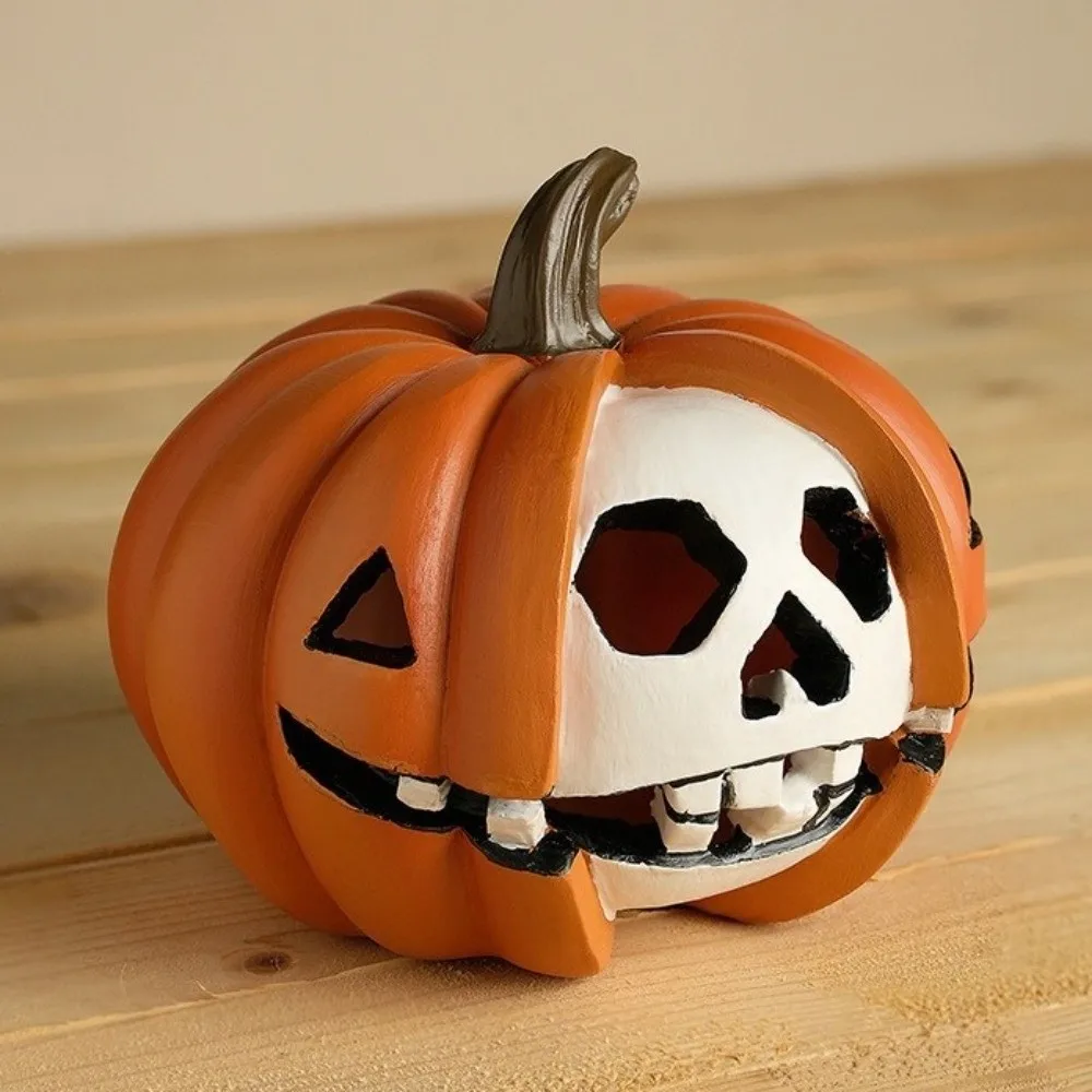 

Kids Toy Resin Halloween Pumpkin Figurine Scary Orange Pumpkin Skeleton Statue Realistic Mini Halloween Ornaments Friends
