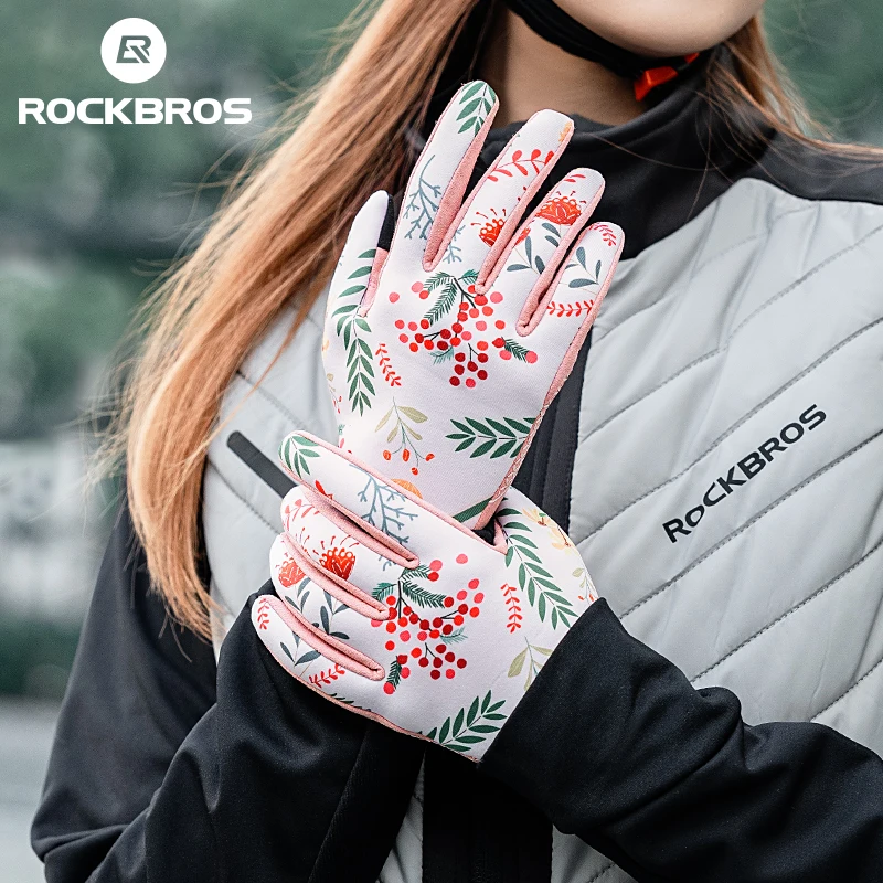 ROCKBROS Cycling Gloves Long Finger Touch Screen Mountain Bike Road Bike Full Finger Female Spring Autumn Pink Cycling Equipment