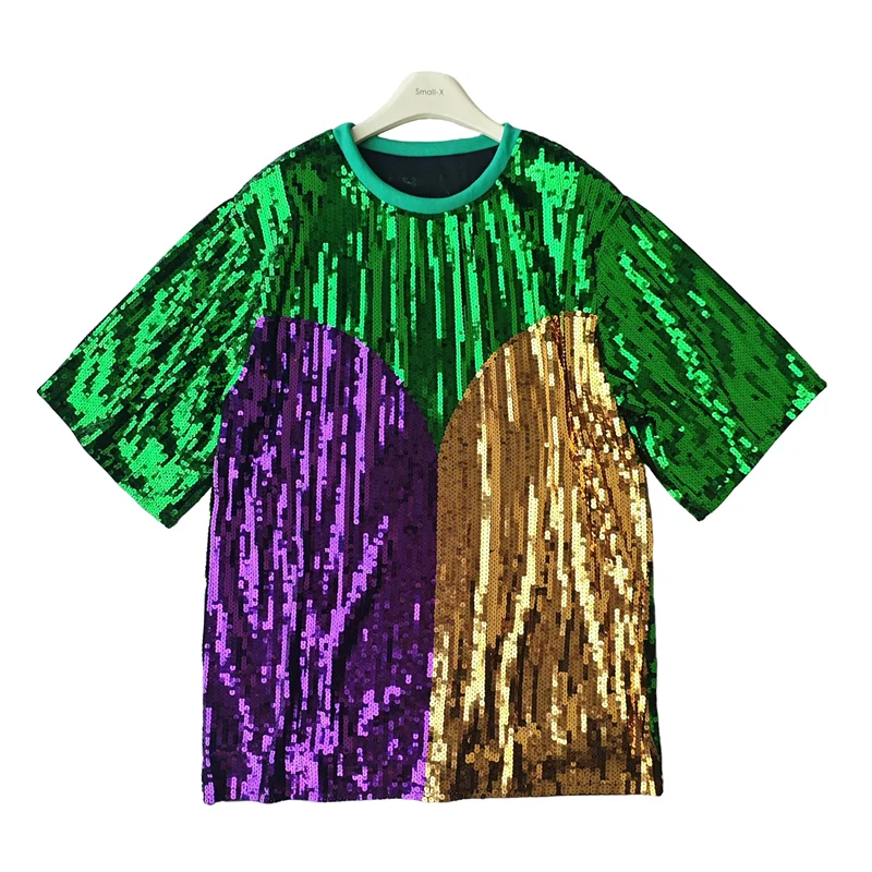 

2025 Summer New Fashion Glitter Women Short Sleeved T-shirt Simple Color Blocked Female Tops Short Skirt