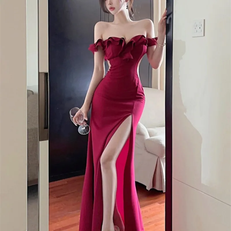 Hepburn wind low-cut shoulder with chest women small temperament bag hip slit dress