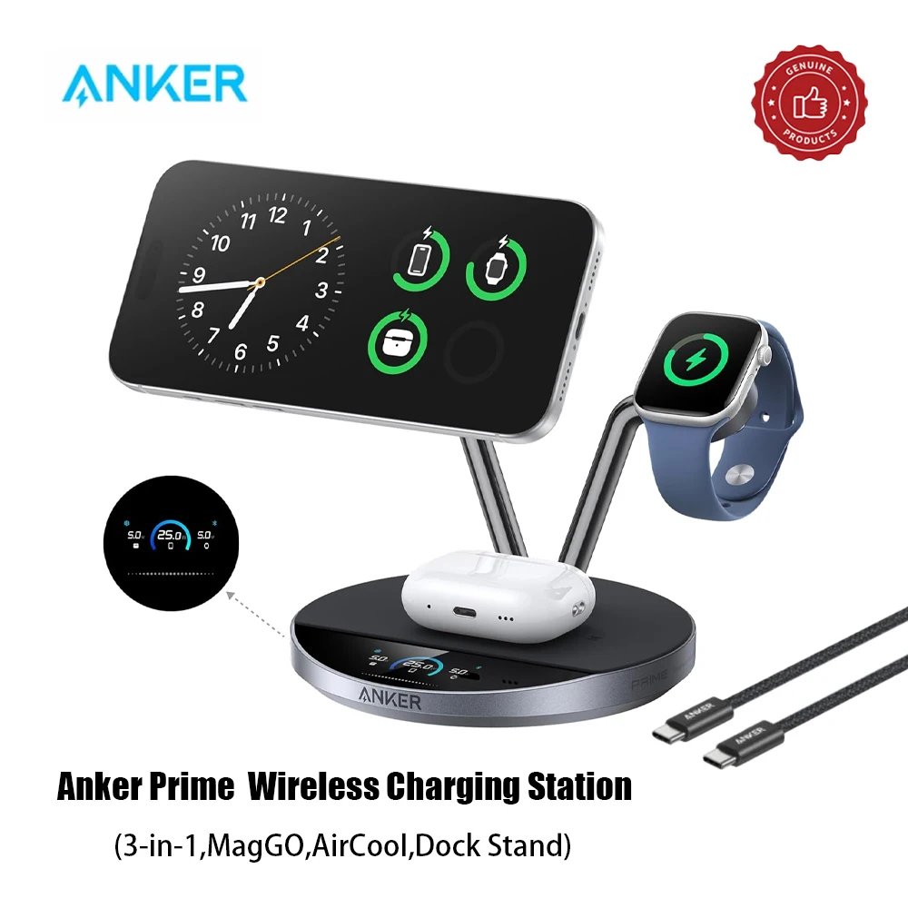 Anker Prime B25X7 3‑in‑1 Wireless Charging Station 25W Qi‑2 MagGo AirCool Dock Display Stand for iPhone Apple Watch AirPods