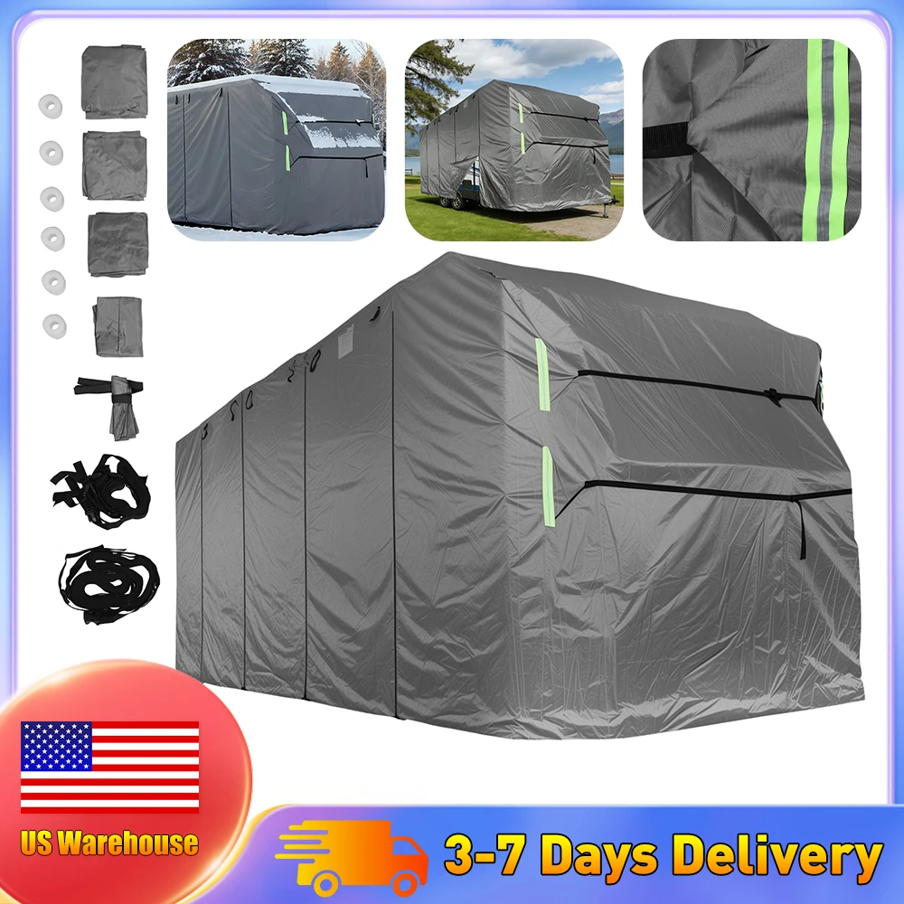 All Weather RV Travel Trailer Cover 420D Oxford Fabric UV Resistant with Straps Storage Bag Tire Jack Covers for Camper Protect