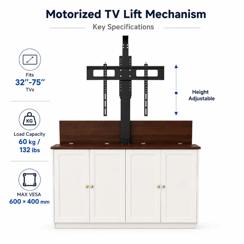 Recessed Motorized TV Lift Stand Hidden in Large Cabinet, Vertical Lift Tv Mount for Flat and Curved Screens, VESA up to 600x400