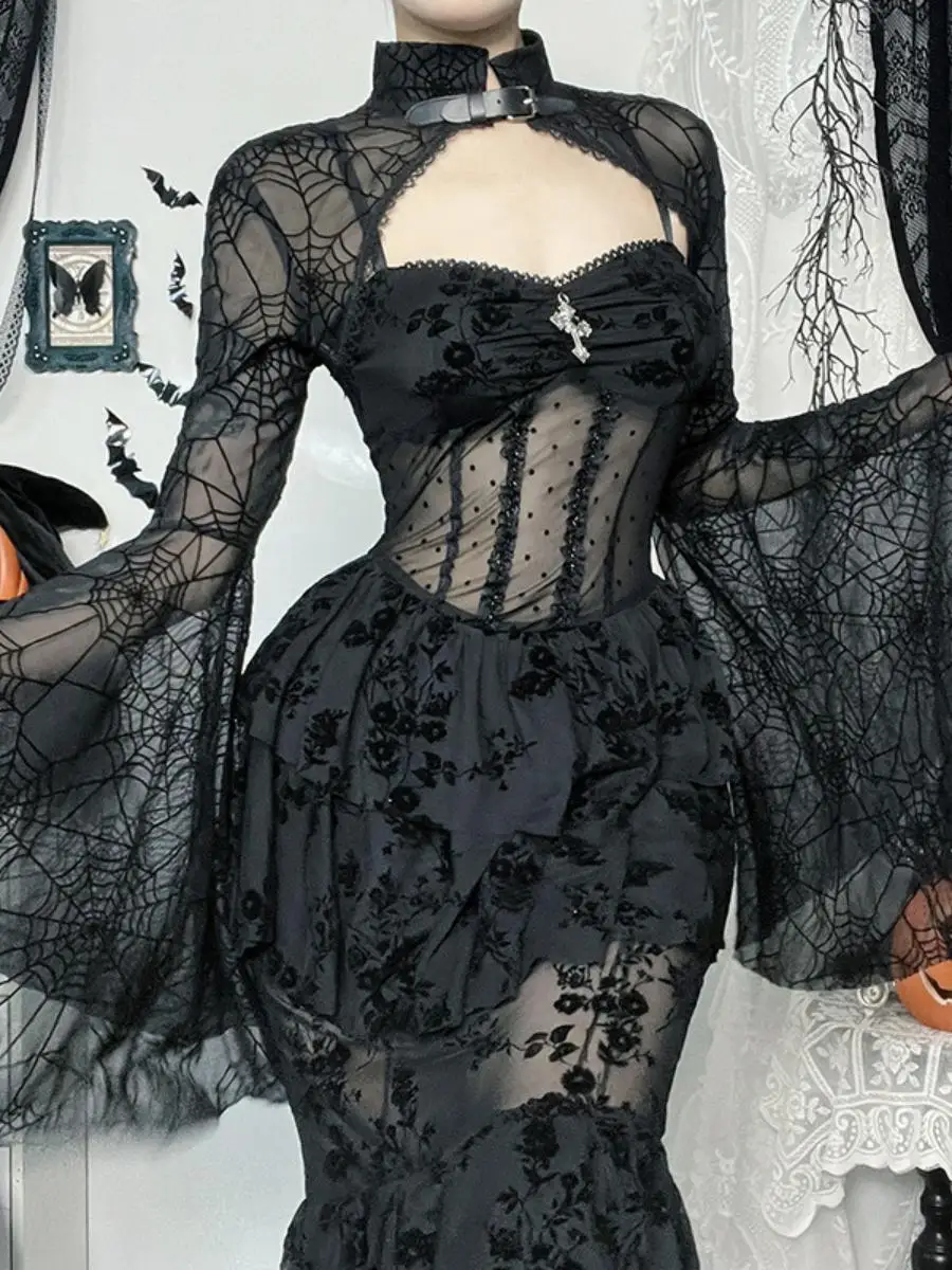 

Autumn 2024 New Women's loween k Sle Micro See tough Spider Web Cover up Top Sexy Bell Sve Lace irt