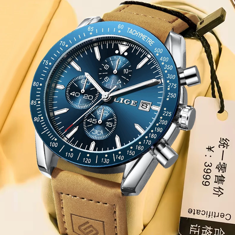 

LIGE Top Brand Luxury Men's Quartz Watch Fashion Military Leather Watches For Men Casual Business Sports Waterproof Chronograph