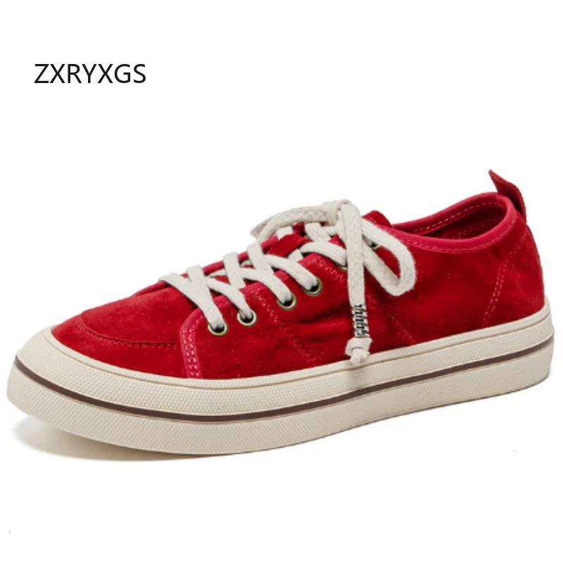 ZXRYXGS Frosted Sheepskin Women Fashion Sneakers Casual Shoes 2026 Autumn Lace-up Women's Genuine Leather Sneakers Trendy Flats