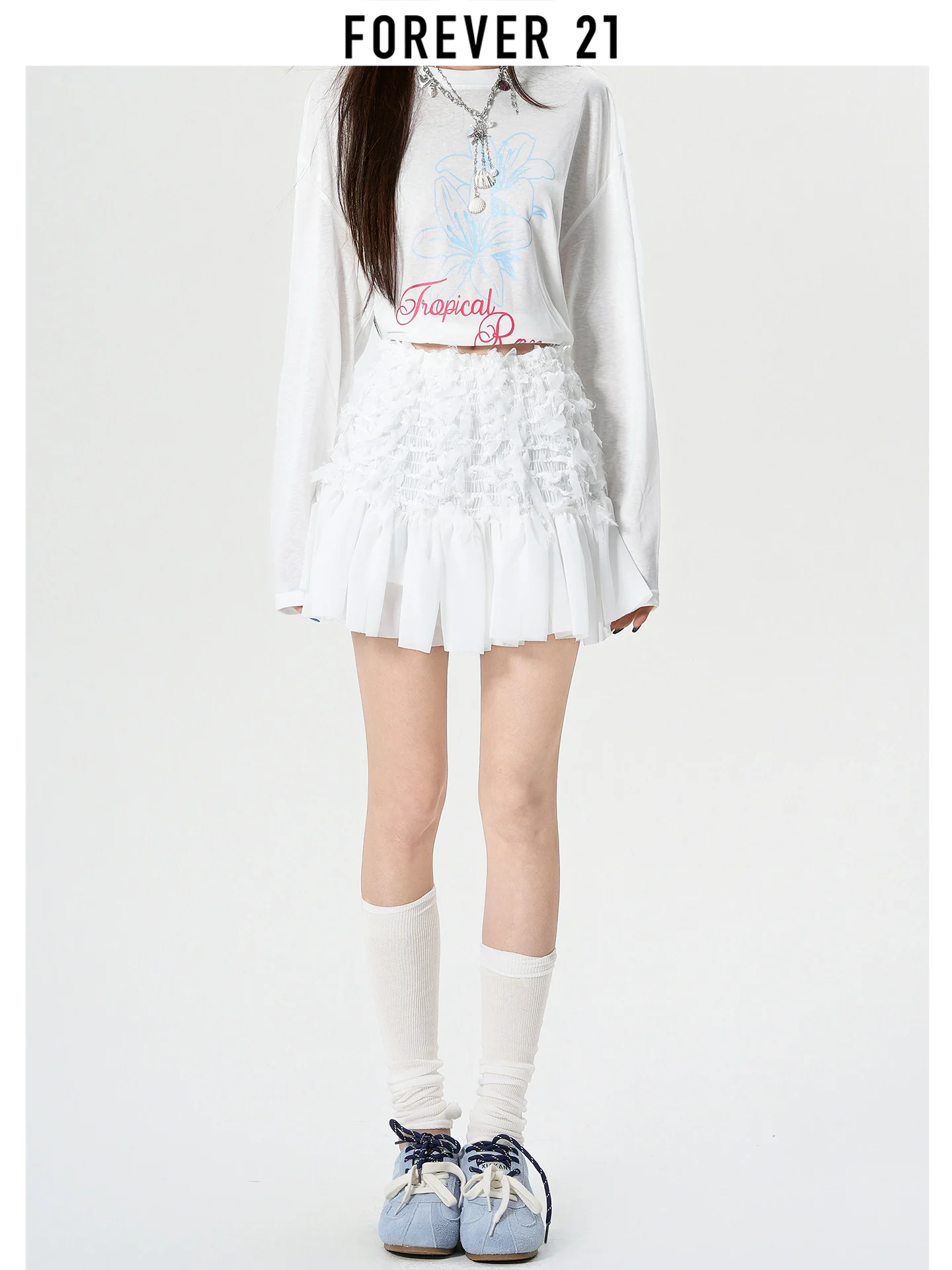 Falda de cintura alta blanca con borlas bordadas para mujer, falda fina de verano con dobladillo con volantes, falda de medio cuerpo, marca Forever 21, estilo Cake Skirt