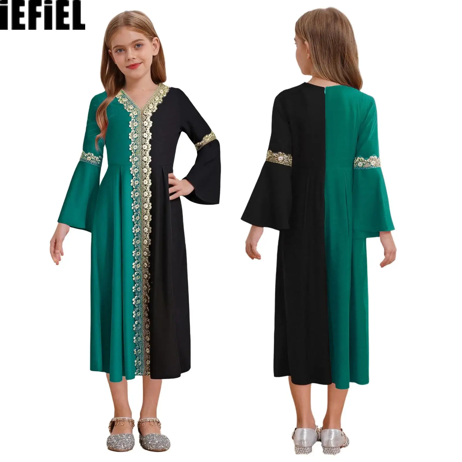 Sukienka dla dziewczynek z blokami kolorów, plisowana, abaja, dekolt w serek, długie rozkloszowane rękawy, plisowana sukienka na imprezę tematyczną, święta, wesele.