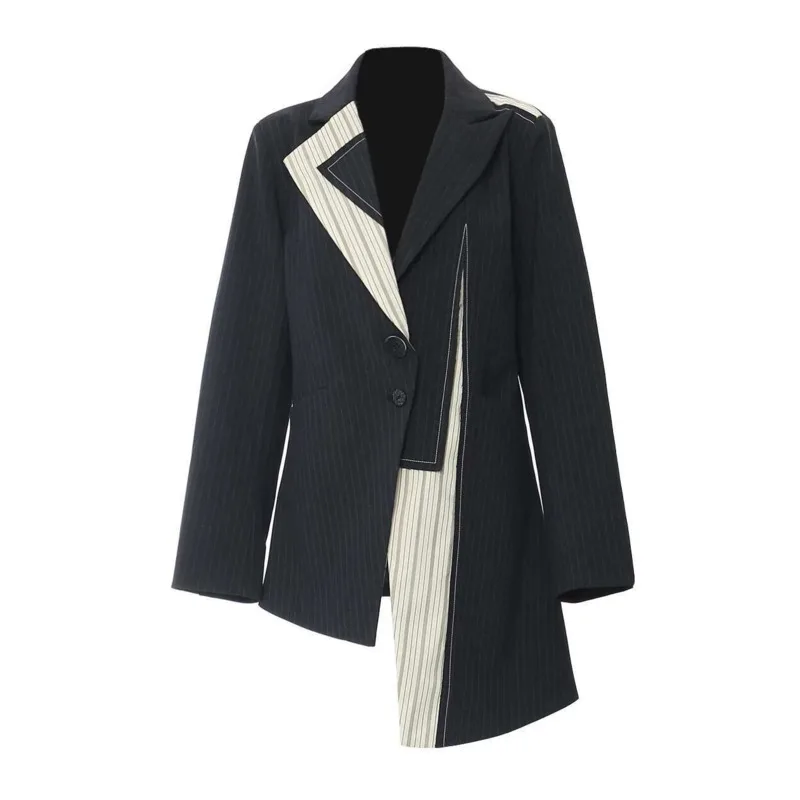HKSH Women Chic Blazer Asymmetric Striped Patchwork Waist Cinching Slim Fit Elegant Ins Jacket Office Lady Coat New Spring H2704