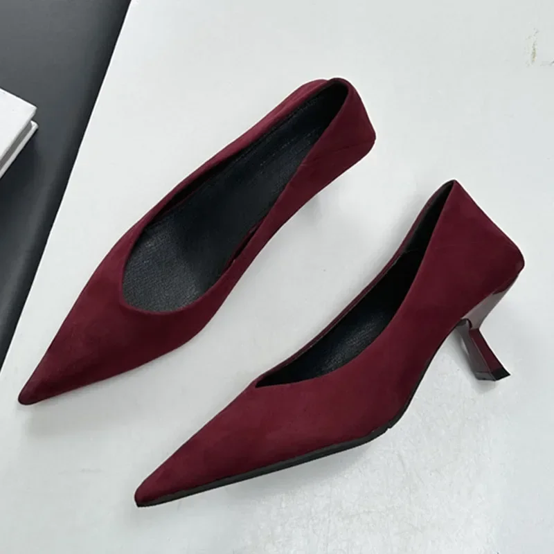 New Autumn Fashion Elegant High Heels Woman Suede Shallow Low Heel Office Shoes Comfy Brand Pointed Toe Dress Shoes Woman Pumps