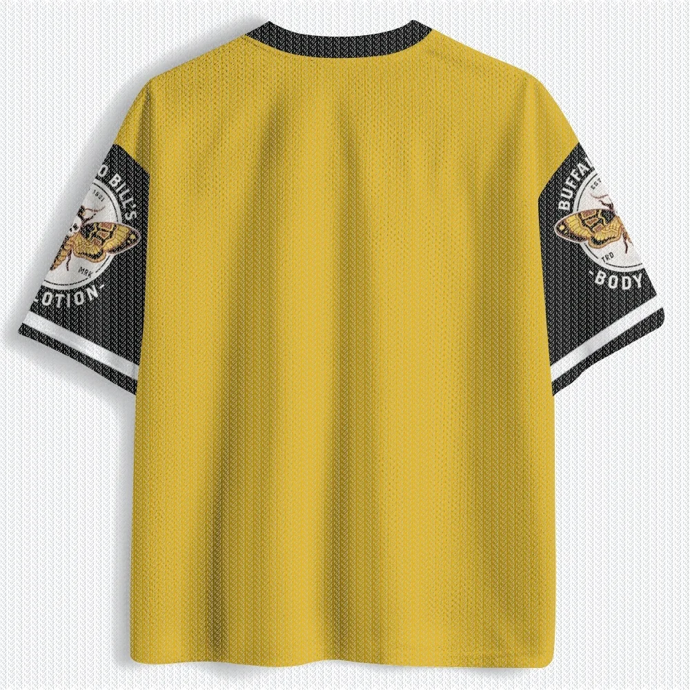 V Neck Yellow Black Mesh Jersey T Shirt Moth Skull Print Front Back Sleeve Casual Streetwear Retro Hip Hop Top view 3