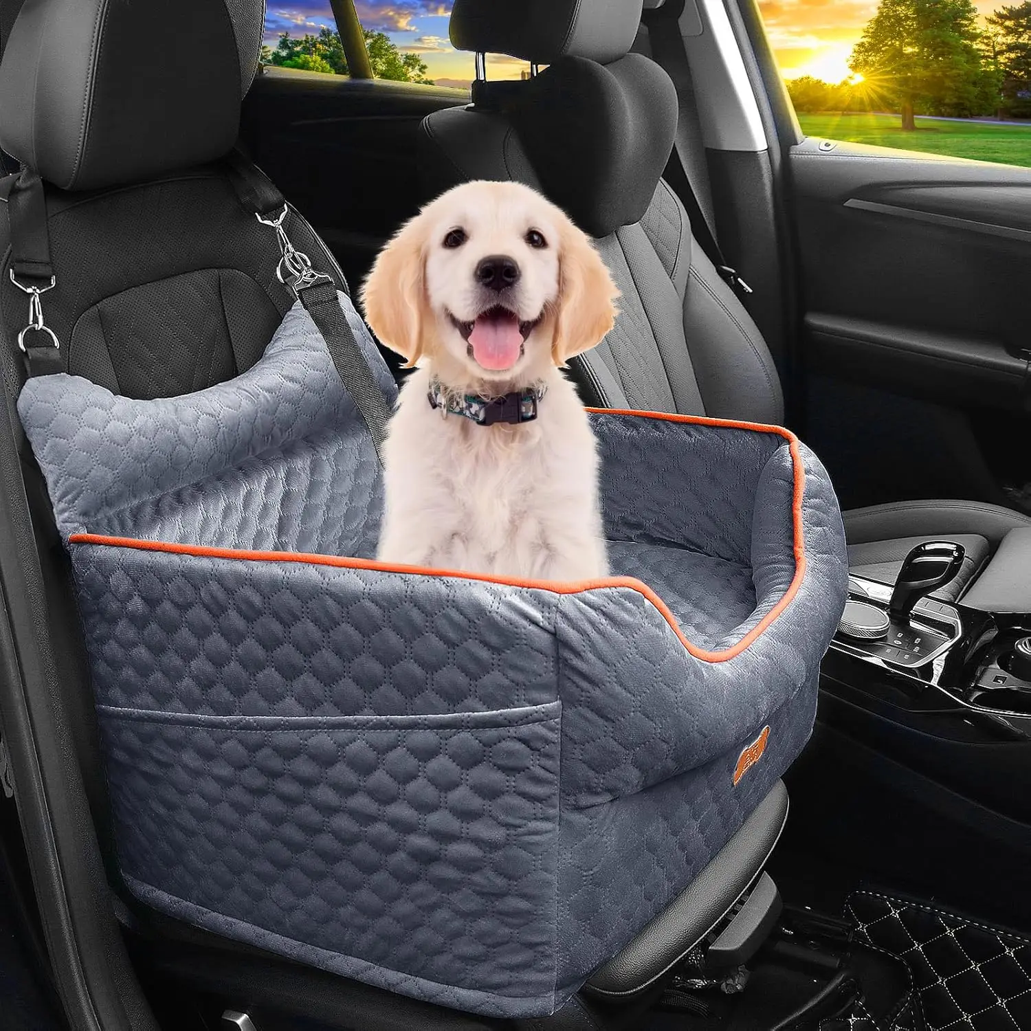Memory Foam Dog Car Seat for Small Pets Up to 25lbs - Elevated Booster with Storage and Washable Cover