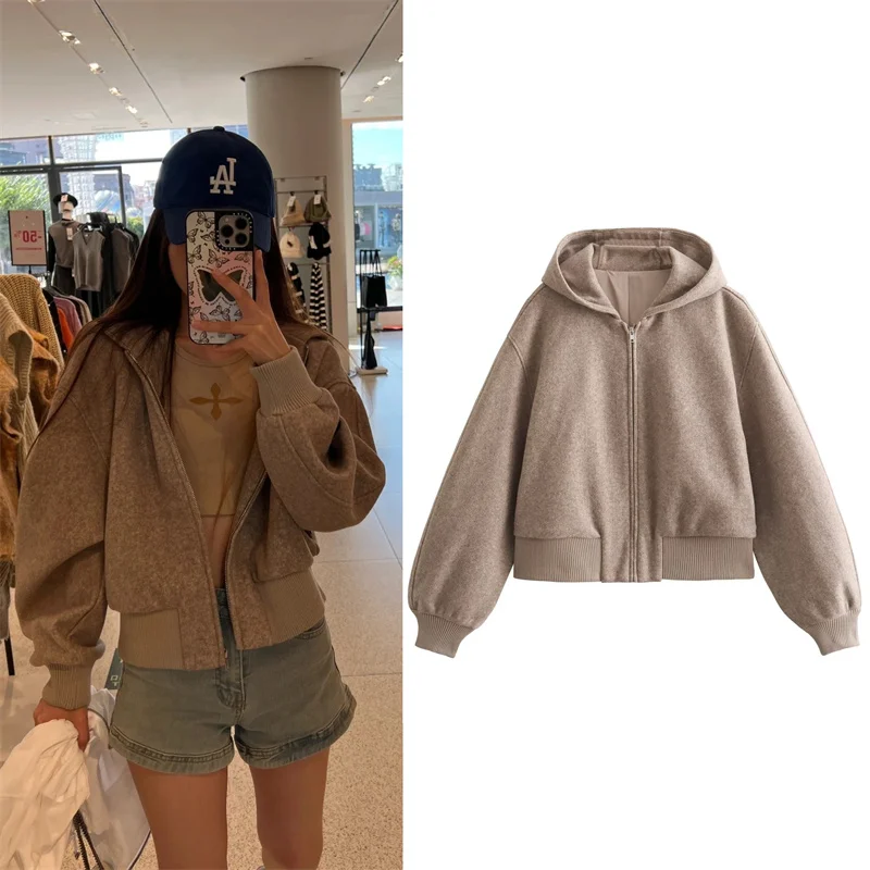 

Women's Coat 2025 Autumn New Style Khaki Long-sleeve Hooded Soft Short Pilot Jacket Casual Fashion Personality Versatile