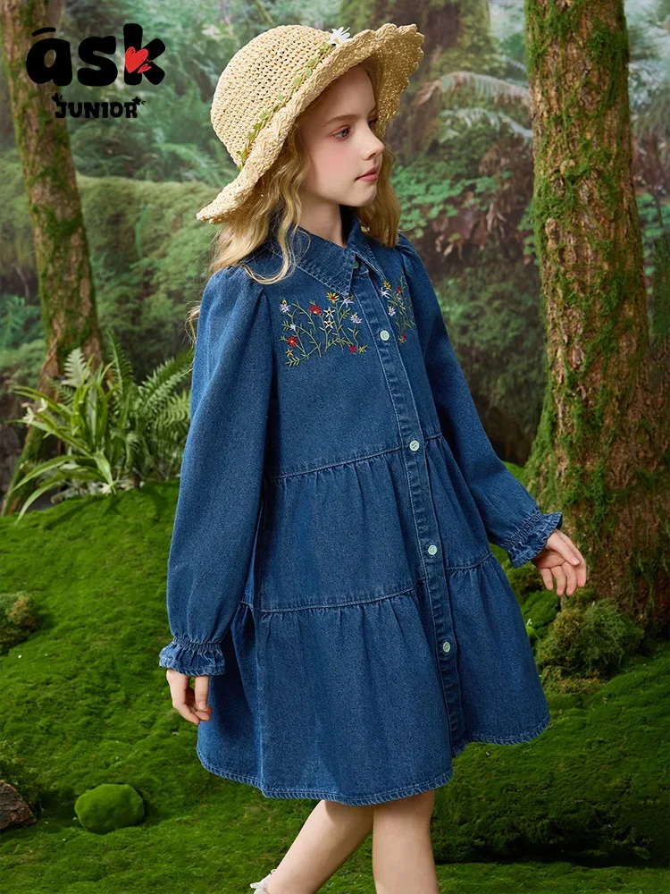 

Tween Girl Floral Embroidered Long Sleeve Single-Breasted Casual Denim Shirt Dress