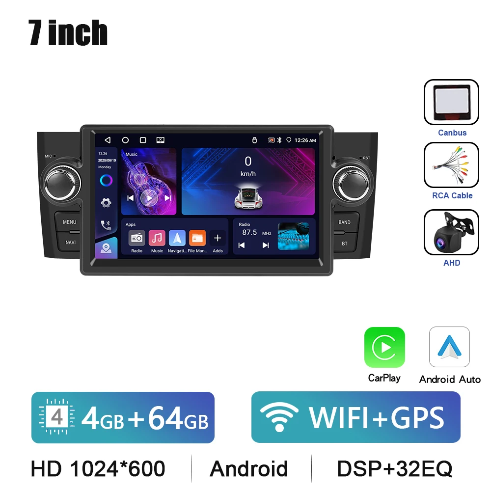 Podofo 7" HD touchscreen autoradio draadloze CarPlay Android Auto radio voor FIAT Punto 2005-2009/Linea 2007-2011 auto multimediaspeler GPS FM WIFI Bluetooth Mirror Link autoradio stereo
