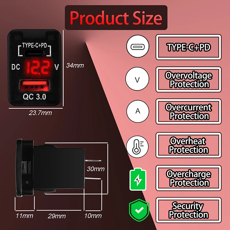 12V Input Dual Port Charger USB Type-C PD Socket Power Car Quick Charging Adapter & Red LED Voltmeter for Toyota Landcruiser