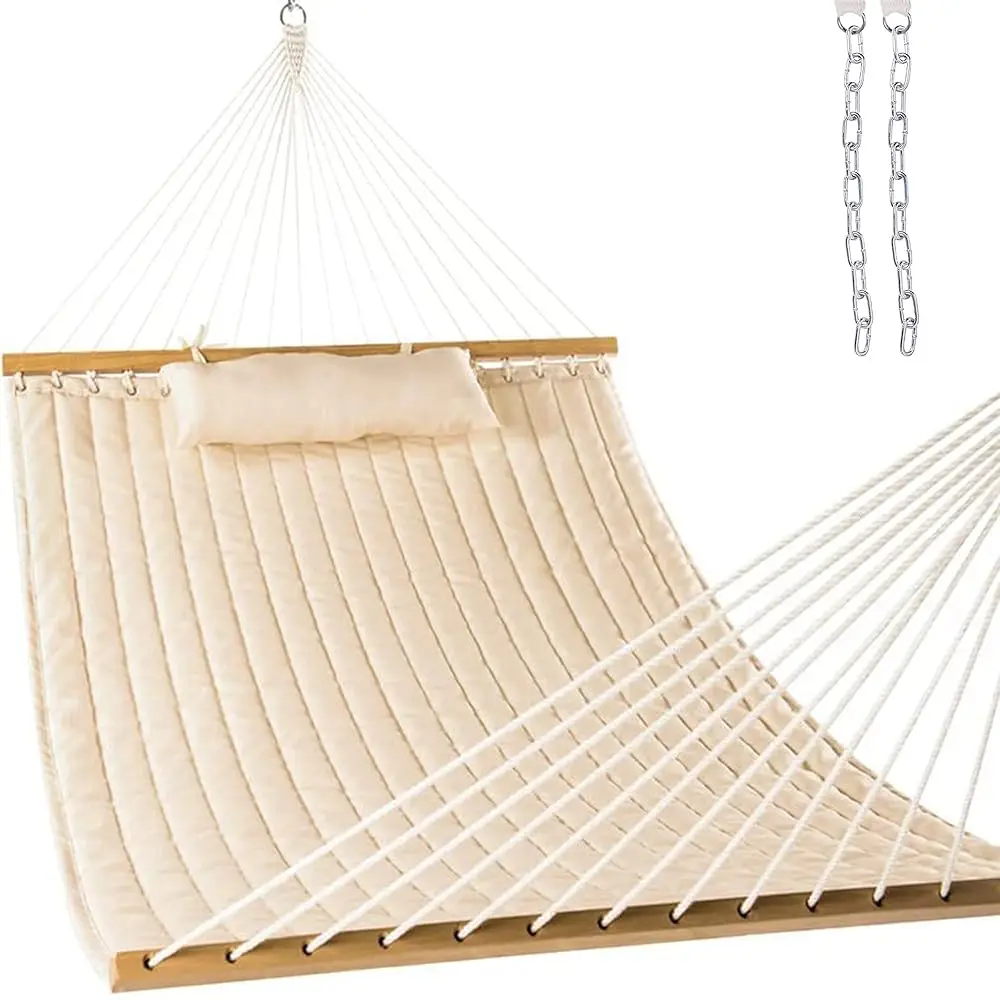 

12Ft Quilted Fabric Double Hammo With Pillow, 2 Person Hammo With Spreader Bar For Outdoor Outside Patio Garden Yard Pool Beach
