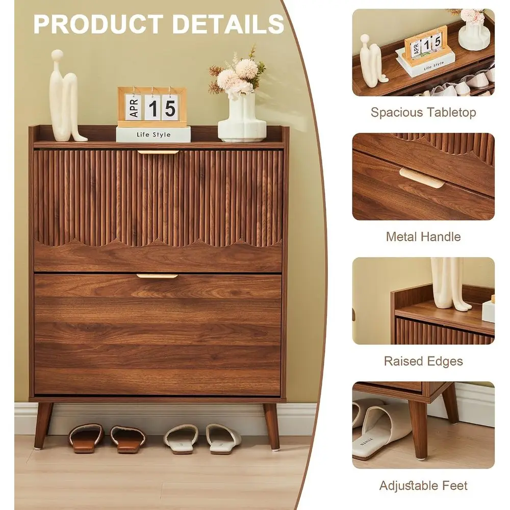 30 Slim Shoe Storage Cabinet with 2 Doors and Walnut Wave Pattern view 3