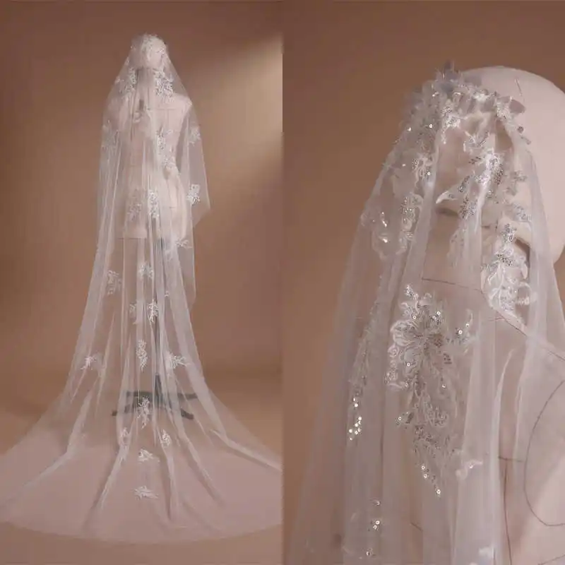 

Two Layer Sequins Appliques Wedding Veils Long Chapel Length Soft Tulle Bridal Veils Marriage Accessories Custom Made