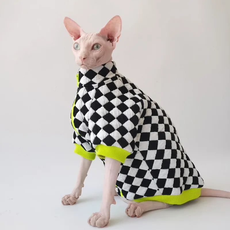 

Spring, Autumn and Winter Fashion Black and White Checkered Trendy Cotton-padded Clothes, Sphinx Hairless Cat German Clothes