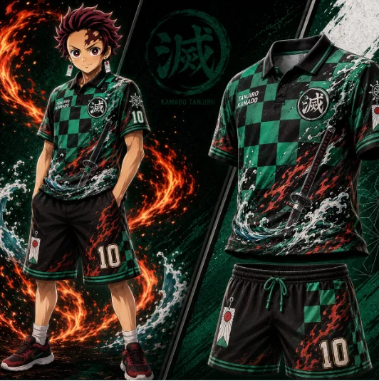 Demon Slayer Tanjiro Water Breathing Print Kid's T Shirt Shorts Set for Men Women Fans Breathable Loose Casual Two Piece Outfit