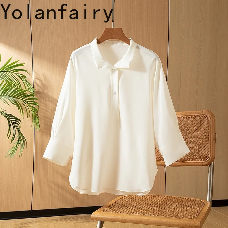 YOLANFAIRY Новые рубашки из натурального шелка шелковицы 93% женские элегантные свободные женские топы и блузки с рукавами три четверти белая рубашка 여자옷
