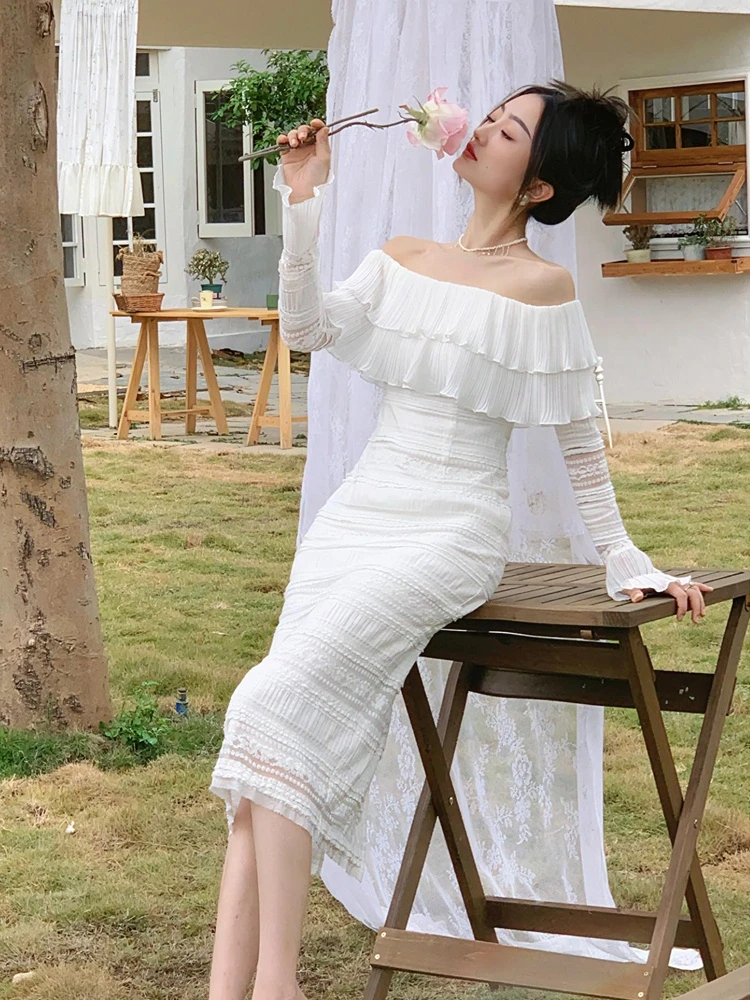 Vestido Midi Vintage blanco elegante para mujer, vestido ajustado Sexy con volantes para fiesta en la playa, vestido de una pieza ajustado para