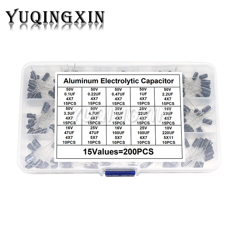 200pcs Electrolytic Capacitor Assorted Kit 15Values 0.1UF - 220UF 10V 16V 25V 50V 100UF 47UF 22UF 10UF Aluminum Capacitance Box