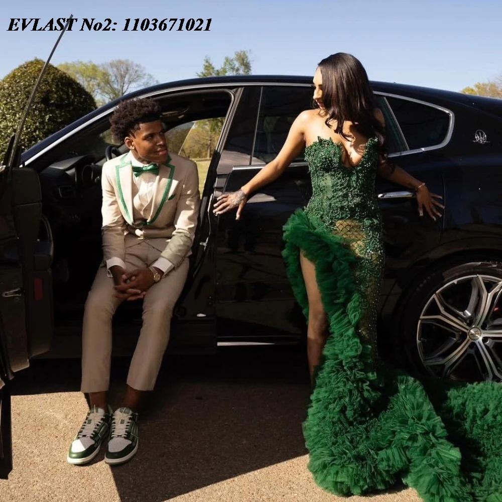 EVLAST Customized Glitter Dark Green Ruffles Mermaid Prom Dress Black Girls High Slit Diamond Beaded Evening Party Gown E2P279