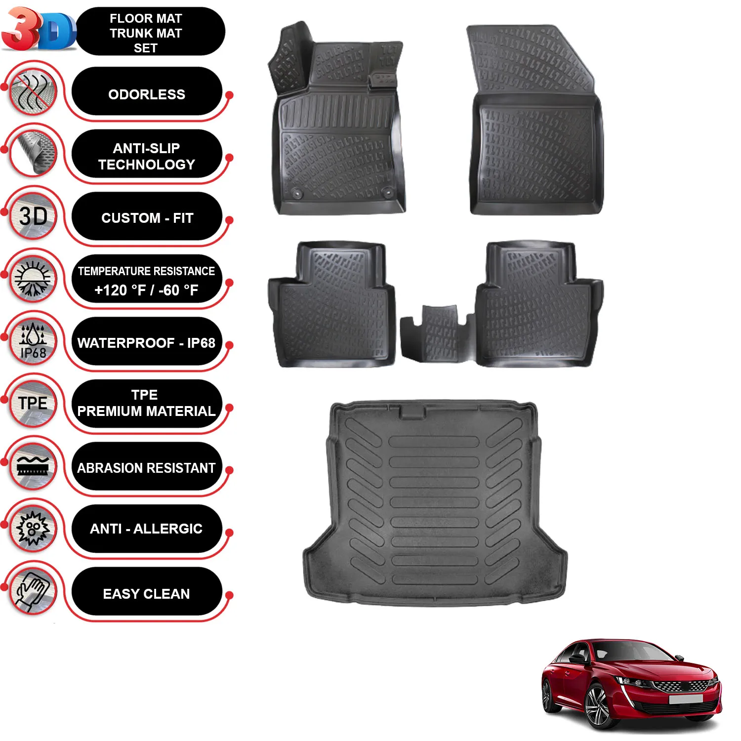 Peugeot 508 Access - (2018-2023) - Floor Mats + Cargo Trunk Liner - SET - (Black)