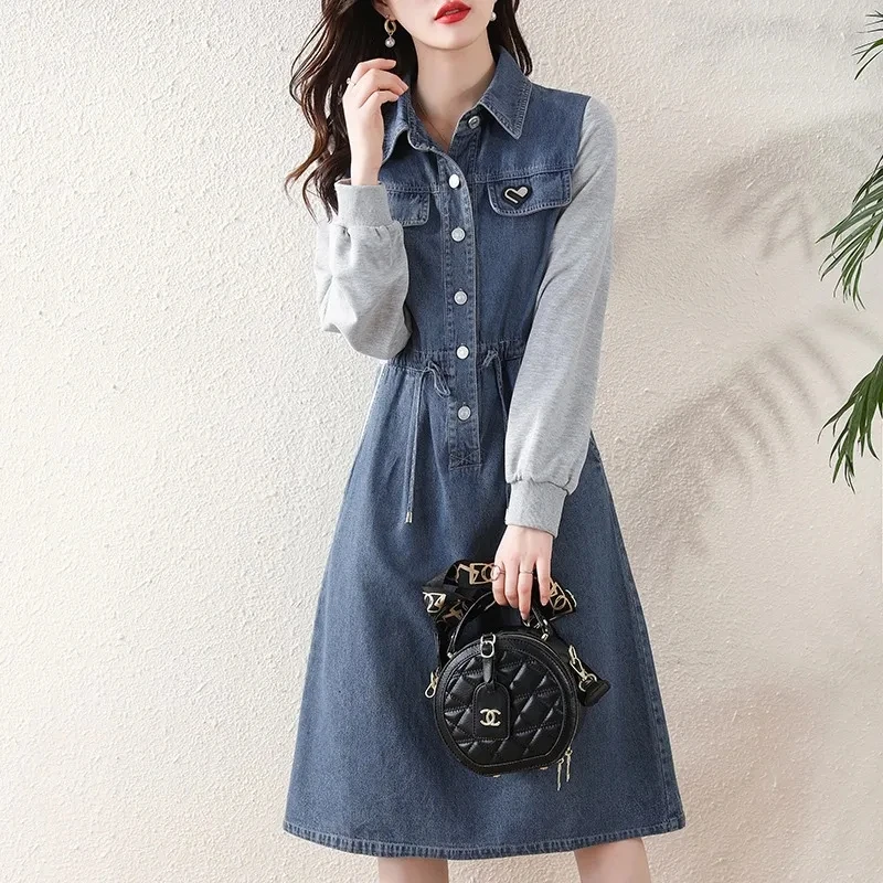 Denim Dress Women Spring Color Collision Long-sleeve Spliced Denim Jacket Female 2023 New French Design Sense Fashion Long Skirt