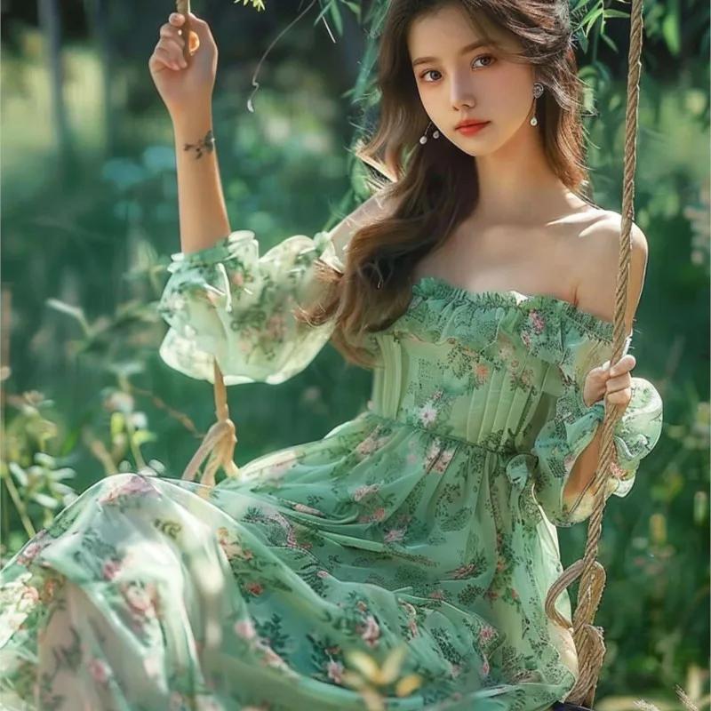 

Wave Style Green Floral off-Shoulder Dress Women's New Mori