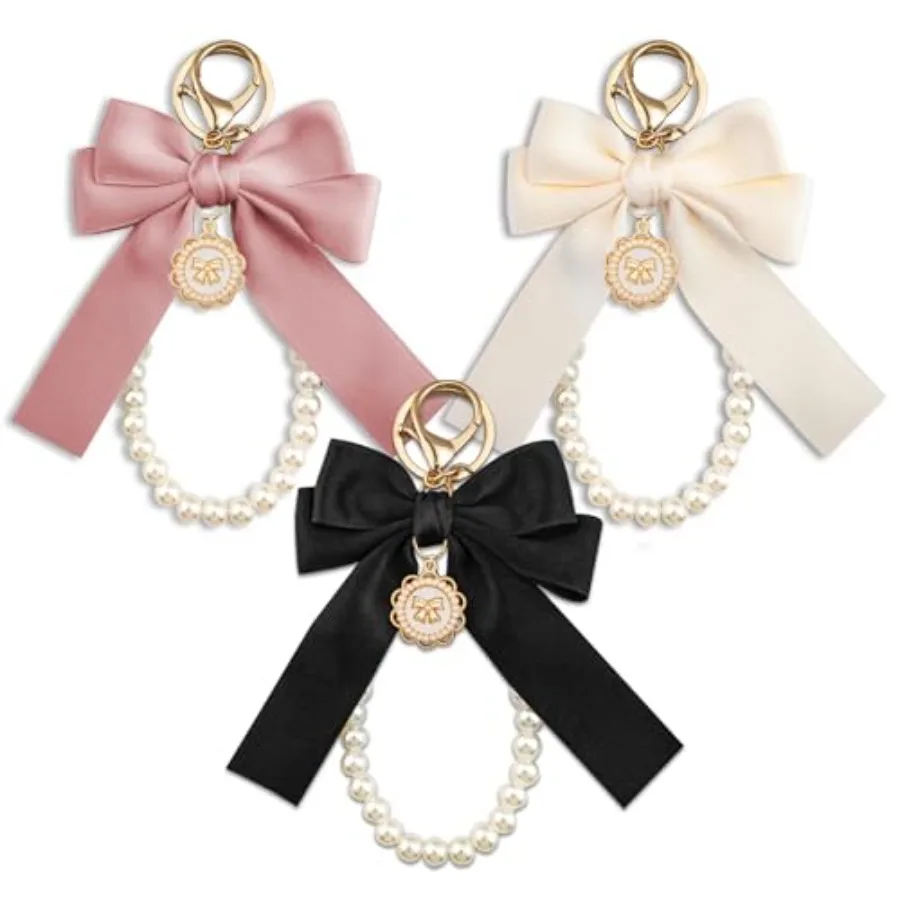 

Bow Keychain Pearl Wristlet Girly Keychain For Purse Backpack 3Pcs Cute Accessories For Car Keys Wristlet Keychain For Women Gi
