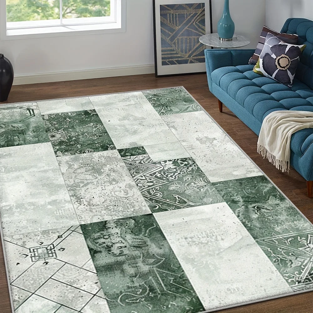 1pc Simple Geometric Grid Pattern Mat Dark Green Living Room Mat Ink Style Pattern Carpets