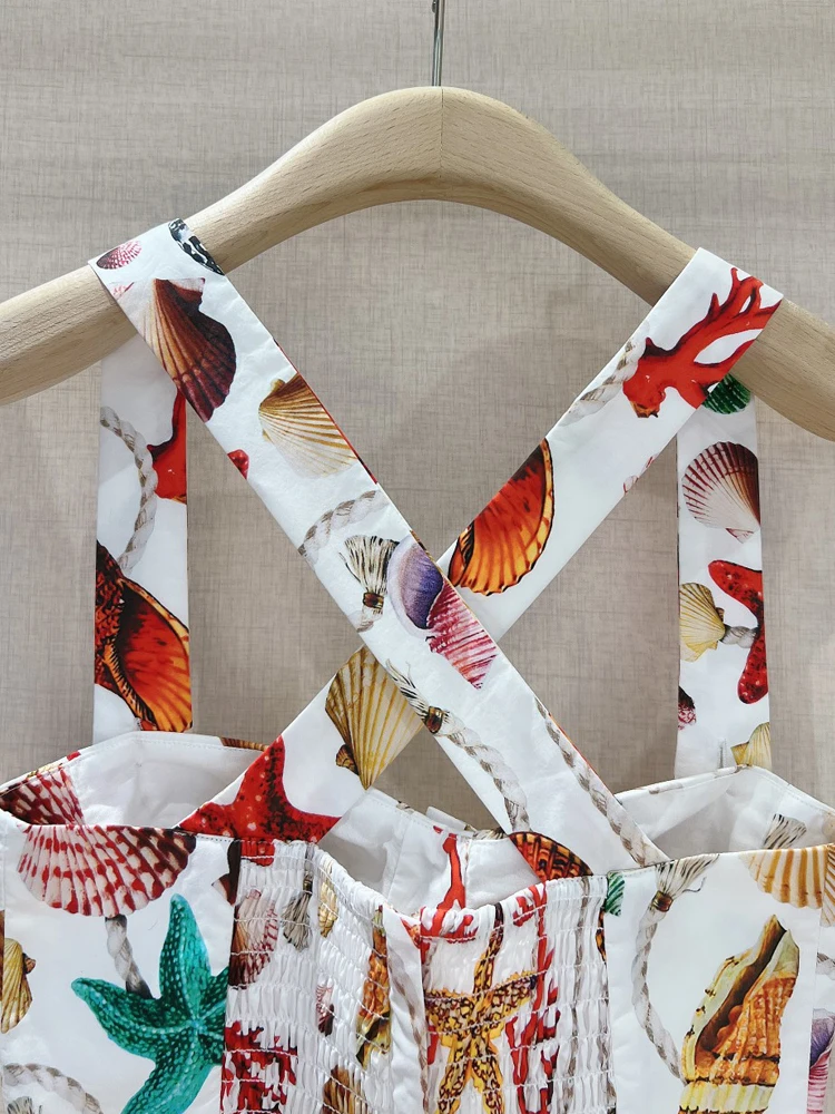 AELESEEN 100% Cotton Women Summer Sexy Camis Corset Designer Fashion Starfish Shells Printed Short Poplin Bustier Crop Top