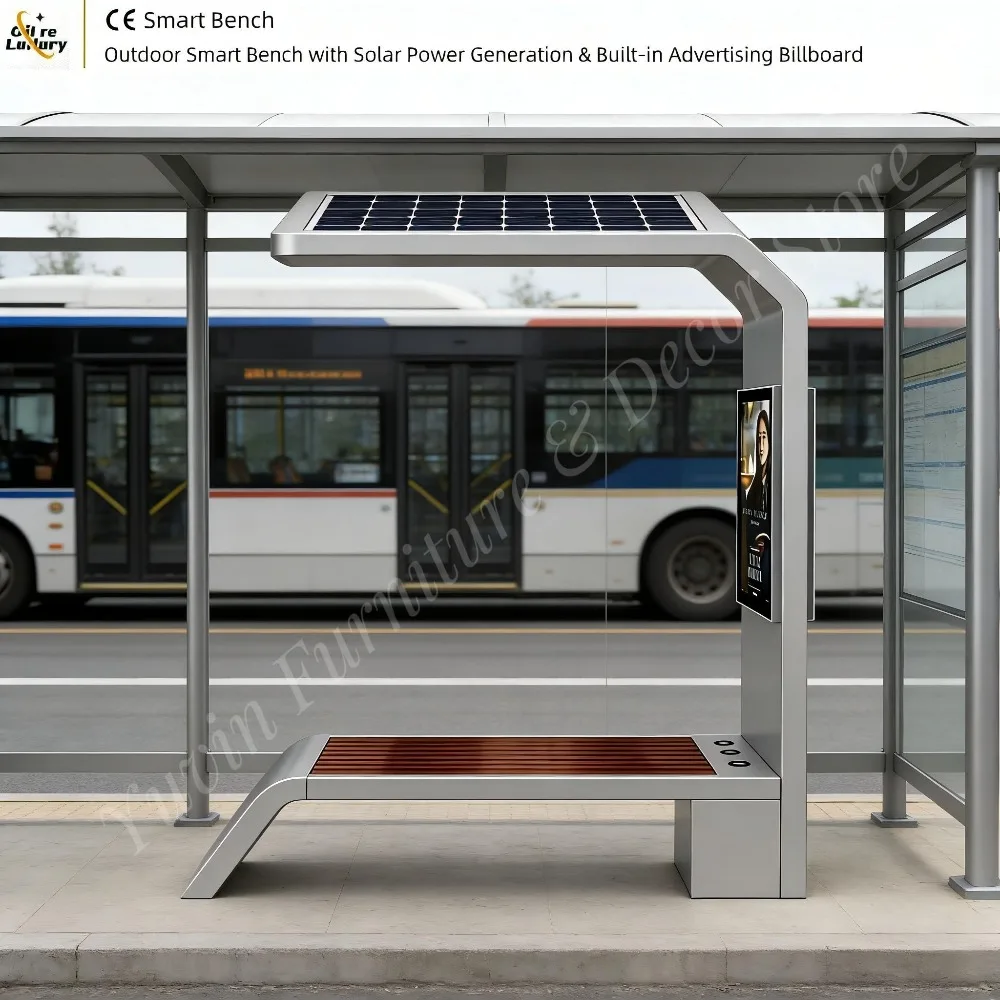 Outdoor Modern Stainless Steel Solar Smart Waterproof Bluetooth Bench Wireless Charging Entry Hotel Mall Supermarket Villa Gym