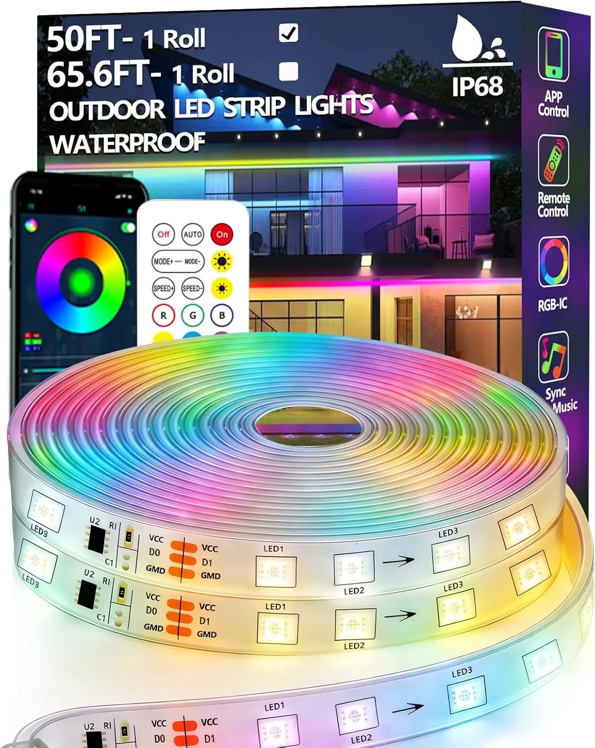 Tira de Luces LED RGB+IC Impermeable, IP68 para Exteriores, Sincronización con Música y Modo de Persecución, Aplicación Bluetooth/Control Remoto, Decoración para Azotea, Balcón, Jardín, Terraza, Piscina