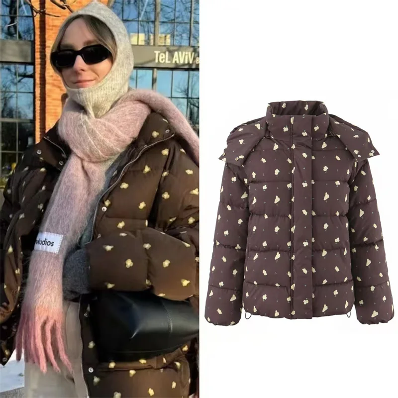 Katoenen damesjas 2025, winter nieuwe stijl kastanje kleur, lange mouwen, bedrukte capuchon, losse warme katoenen jas, casual mode